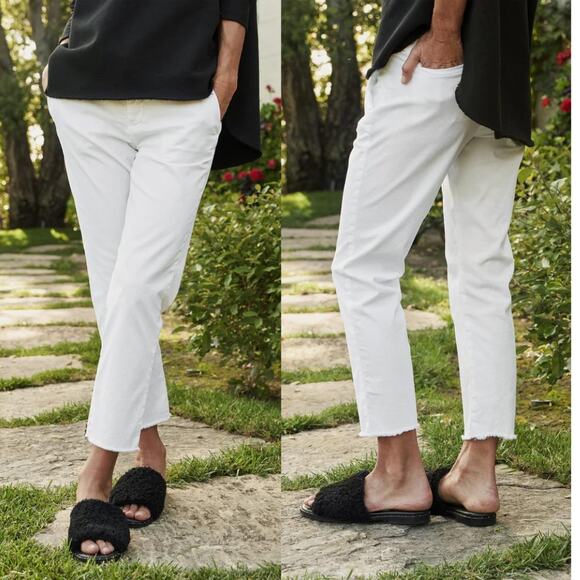 Frank & Eileen | Wicklow White Italian Chino Twill Raw Hem Straight Cropped Pant - Picture 1 of 12